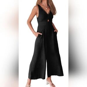 Anrabess V Neck Smocked Cut Out Wide Leg Linen Jumpsuit - XL